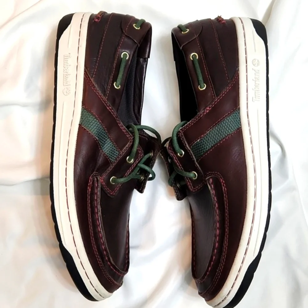 Timberland Classic 2 Eyed Brown Green Leather Boat Shoes (M Size 10.5)